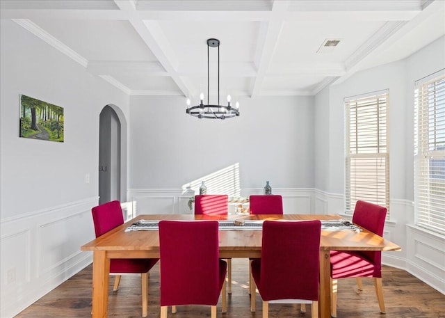 dining room featuring a chandelier, beamed ceiling, dark wood-type flooring, and coffered ceiling