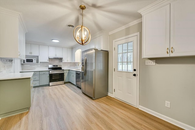 kitchen with appliances with stainless steel finishes, decorative light fixtures, white cabinets, backsplash, and crown molding