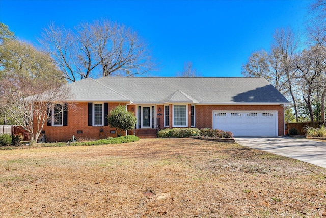 single story home featuring brick siding, an attached garage, crawl space, fence, and driveway