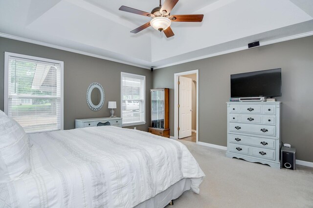 carpeted bedroom with ceiling fan, a raised ceiling, and multiple windows