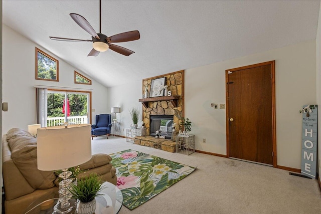 3736 Winchester Trl, Martinez, GA 30907 - carpeted living area with ceiling fan, a fireplace, and high vaulted ceiling