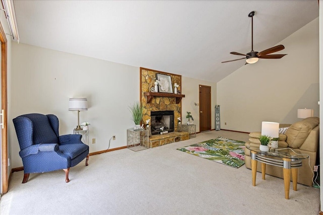 3736 Winchester Trl, Martinez, GA 30907 - carpeted living room with vaulted ceiling, ceiling fan, and a fireplace