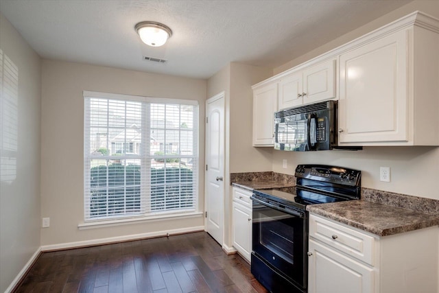 kitchen featuring white cabinets, a textured ceiling, dark hardwood / wood-style floors, and black appliances