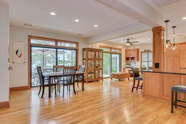 207 Rosewood Ln, Mccormick, SC 29835 - dining space with light wood finished floors, recessed lighting, baseboards, and ceiling fan