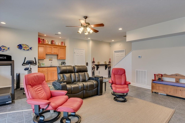 207 Rosewood Ln, Mccormick, SC 29835 - living room featuring a ceiling fan, tile patterned floors, recessed lighting, baseboards, and bar