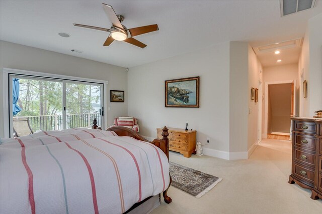 207 Rosewood Ln, Mccormick, SC 29835 - bedroom with access to exterior, light colored carpet, attic access, baseboards, and a ceiling fan