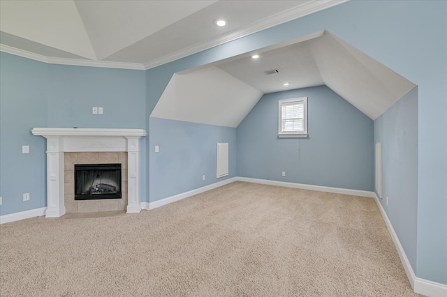 5197 Windmill Pl, Evans, GA 30809 - unfurnished living room with lofted ceiling, carpet floors, a fireplace, and recessed lighting