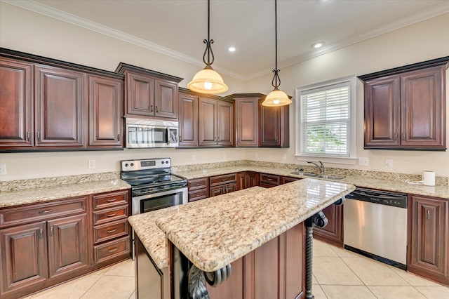 5197 Windmill Pl, Evans, GA 30809 - kitchen with stainless steel appliances, light tile patterned floors, a center island, light stone counters, and ornamental molding