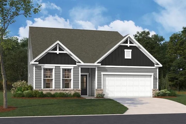 craftsman house with board and batten siding, concrete driveway, an attached garage, and a front lawn