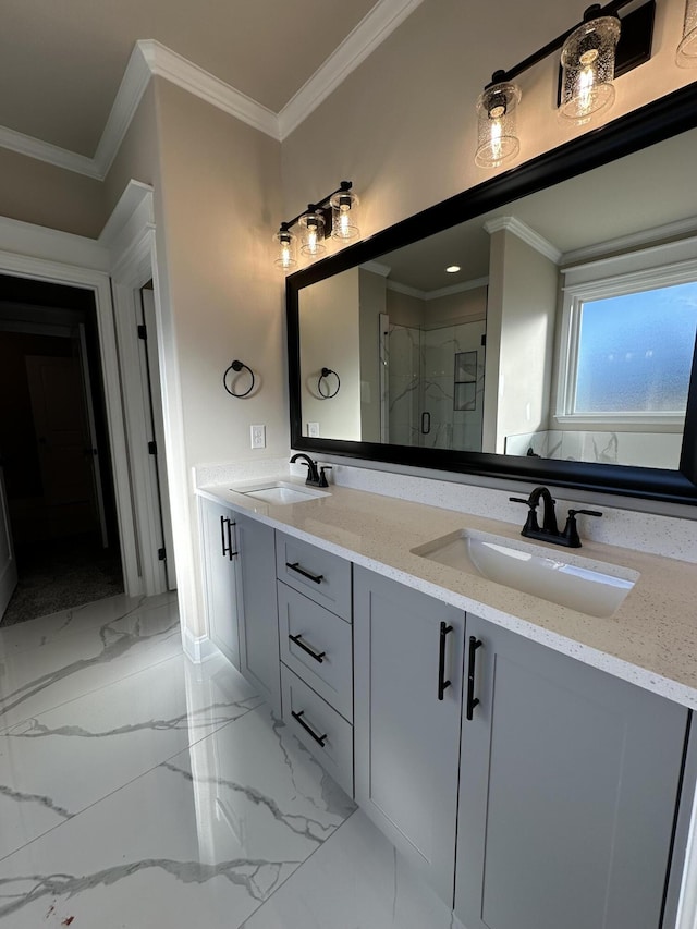 bathroom featuring vanity, ornamental molding, and an enclosed shower