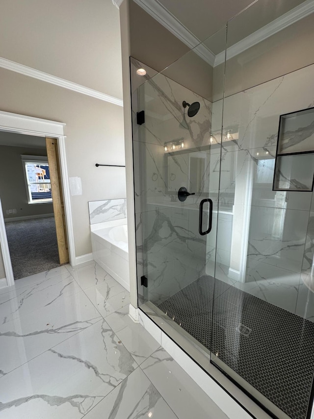 bathroom with crown molding and shower with separate bathtub