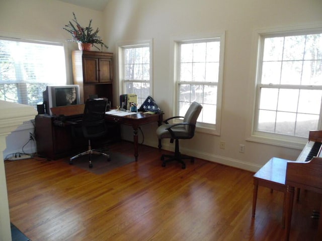 office with dark hardwood / wood-style floors and a healthy amount of sunlight