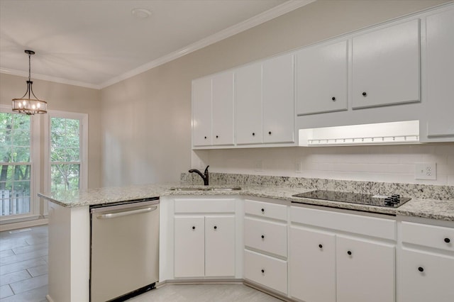 kitchen with white cabinetry, sink, stainless steel dishwasher, kitchen peninsula, and black electric stovetop