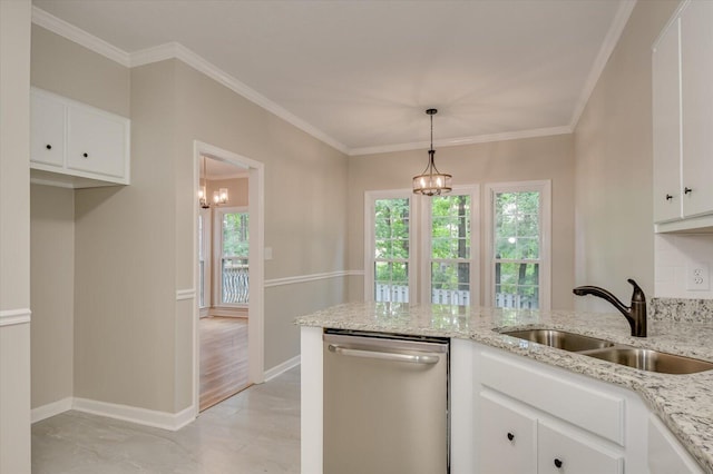 kitchen with dishwasher, sink, light stone countertops, white cabinetry, and a chandelier