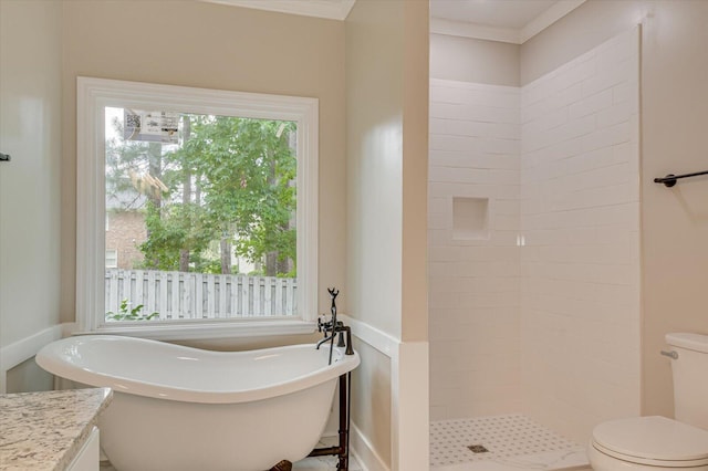 bathroom featuring toilet, crown molding, and independent shower and bath