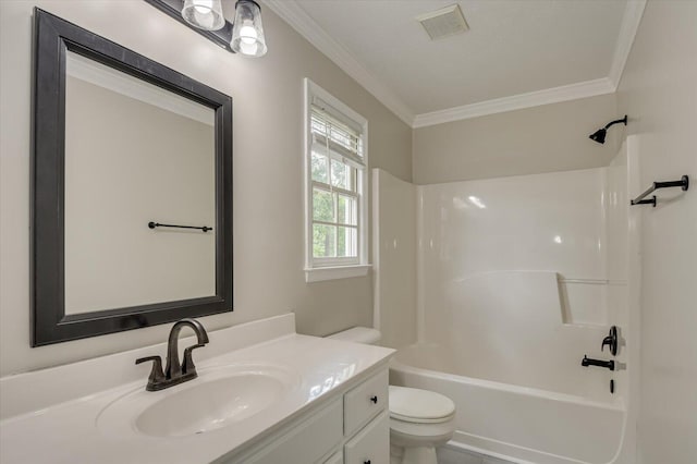 full bathroom featuring crown molding, vanity,  shower combination, and toilet