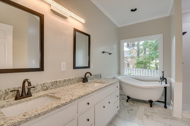 bathroom with vanity, a tub, and ornamental molding