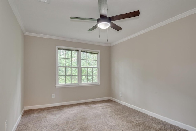 carpeted spare room with ceiling fan and crown molding