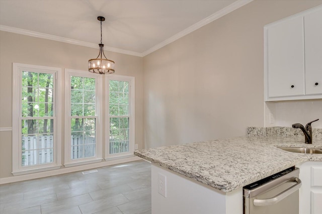 kitchen with light stone countertops, sink, decorative light fixtures, dishwasher, and white cabinets