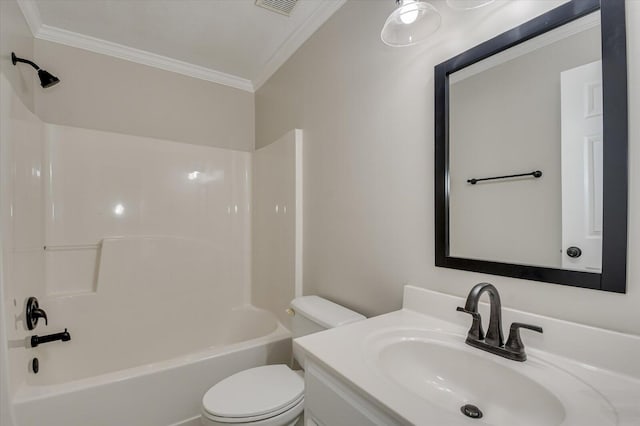 full bathroom featuring crown molding, toilet, tub / shower combination, and vanity