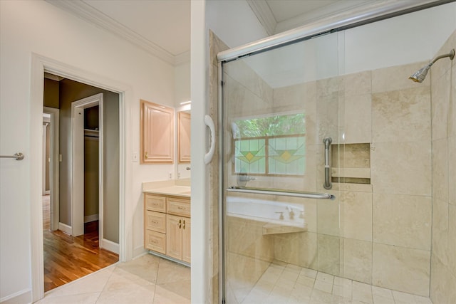12 Shadowbrook Cir, Augusta, GA 30909 - full bath featuring ornamental molding, a stall shower, vanity, tile patterned floors, and baseboards