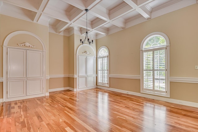 12 Shadowbrook Cir, Augusta, GA 30909 - unfurnished dining area featuring light wood-style floors, coffered ceiling, a chandelier, beam ceiling, and baseboards