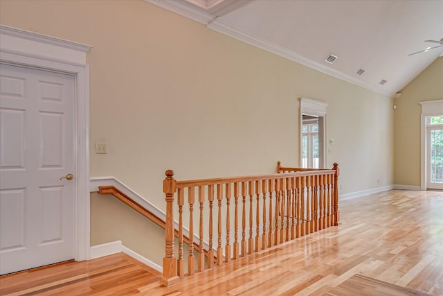 12 Shadowbrook Cir, Augusta, GA 30909 - staircase with wood finished floors, baseboards, crown molding, vaulted ceiling, and ceiling fan