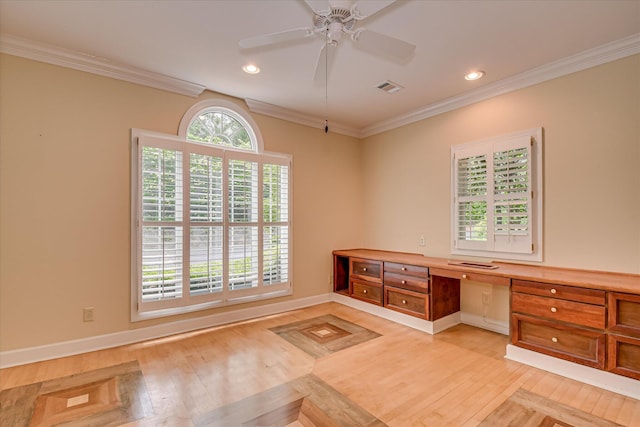 12 Shadowbrook Cir, Augusta, GA 30909 - unfurnished office with ornamental molding, ceiling fan, light wood-type flooring, built in study area, and baseboards