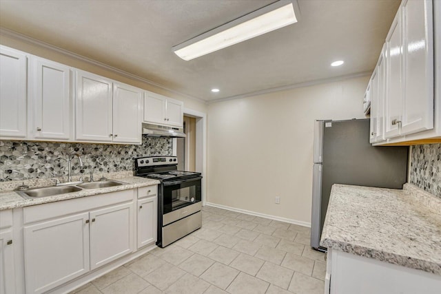 kitchen featuring white cabinets, a sink, tasteful backsplash, electric range, and under cabinet range hood