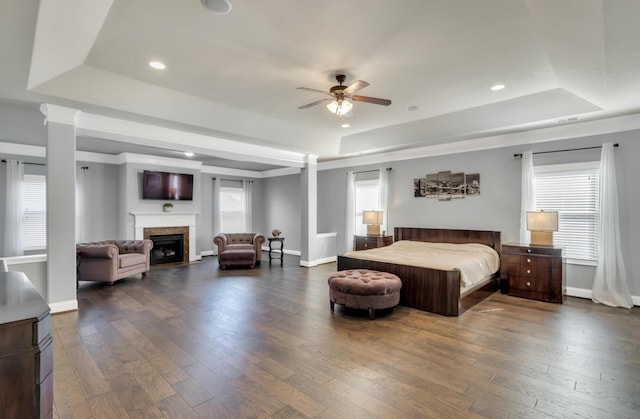 343 Abby Cir, Greenville, SC 29607 - bedroom with a raised ceiling, a fireplace, dark wood-style flooring, baseboards, and recessed lighting