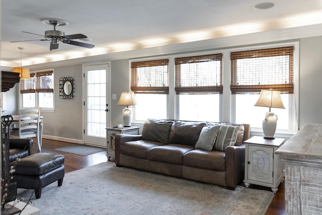 living room with ceiling fan, ornamental molding, and dark hardwood / wood-style floors