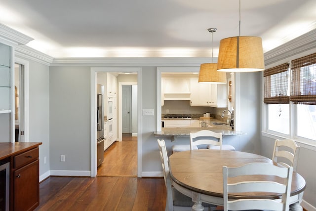 kitchen featuring pendant lighting, sink, dark wood-type flooring, light stone counters, and kitchen peninsula