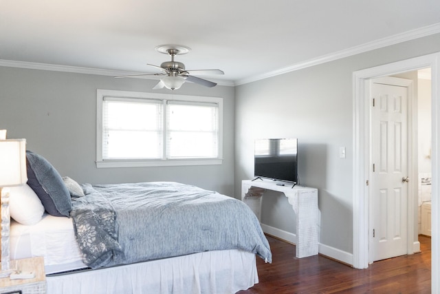 bedroom with ornamental molding, dark wood-type flooring, and ceiling fan