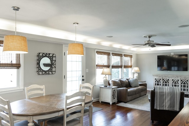 dining room with dark wood-type flooring and ceiling fan