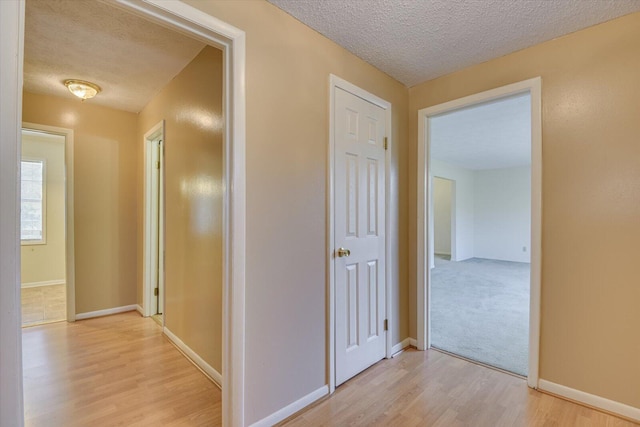 hallway with a textured ceiling and light hardwood / wood-style floors