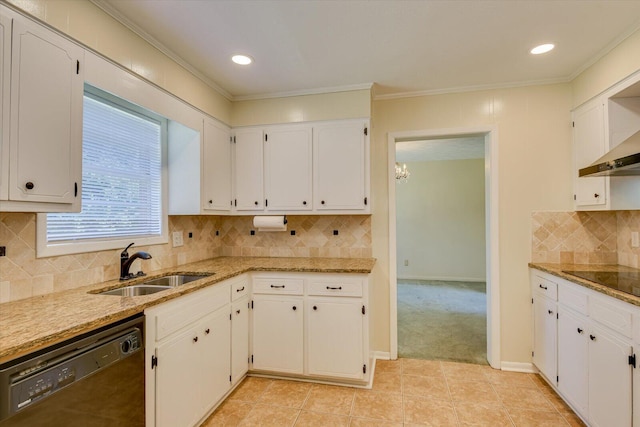 kitchen with light stone countertops, sink, white cabinets, and black appliances