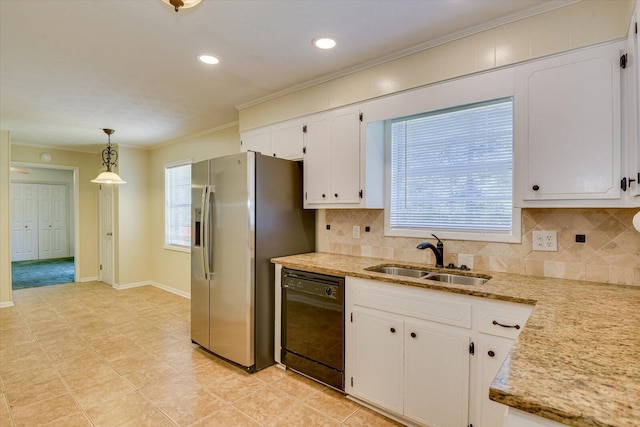 kitchen featuring white cabinetry, sink, hanging light fixtures, and dishwasher