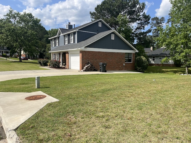 view of property exterior featuring a yard, concrete driveway, an attached garage, brick siding, and a chimney