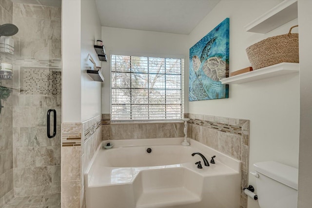 bathroom with toilet, a shower stall, and a bath