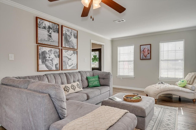 living area featuring plenty of natural light, a ceiling fan, and ornamental molding