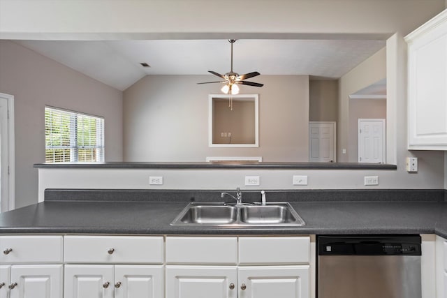 2042 Silver Run Fls, Grovetown, GA 30813 - kitchen with dishwasher, dark countertops, vaulted ceiling, white cabinets, and a ceiling fan