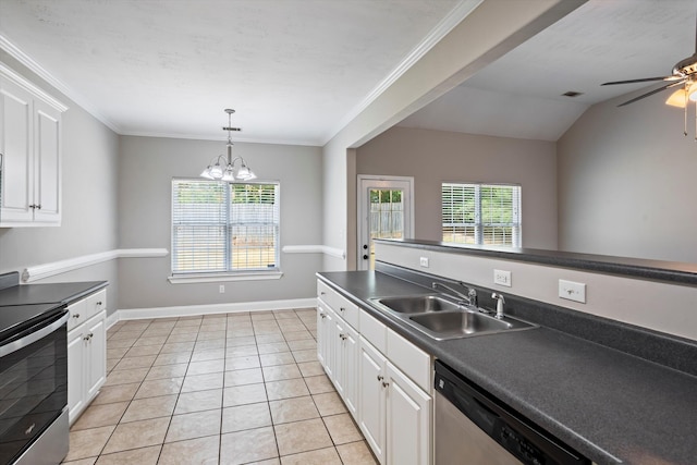 2042 Silver Run Fls, Grovetown, GA 30813 - kitchen with stainless steel appliances, dark countertops, white cabinets, and ornamental molding