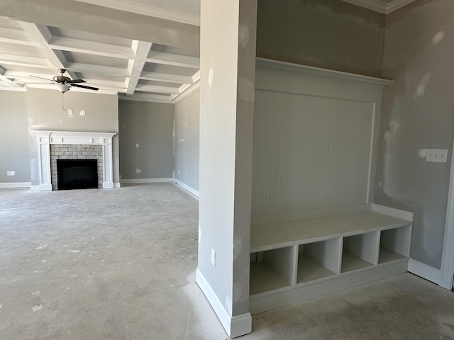 mudroom featuring ceiling fan, concrete flooring, beam ceiling, baseboards, and coffered ceiling