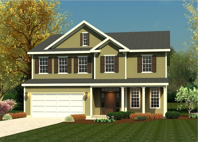view of front of home with a garage, a front yard, a shingled roof, a porch, and driveway