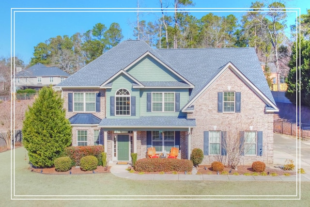 view of front of property featuring a front yard and covered porch