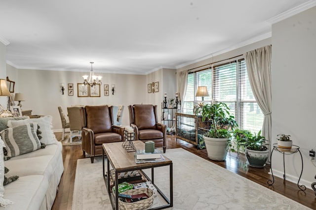 217 Longmeadow Rd, North Augusta, SC 29860 - living room with a chandelier, wood finished floors, and crown molding