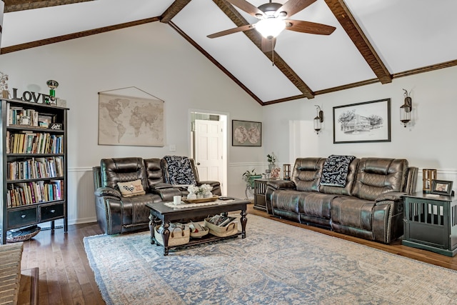 217 Longmeadow Rd, North Augusta, SC 29860 - living area with hardwood / wood-style flooring, a ceiling fan, beamed ceiling, high vaulted ceiling, and wainscoting