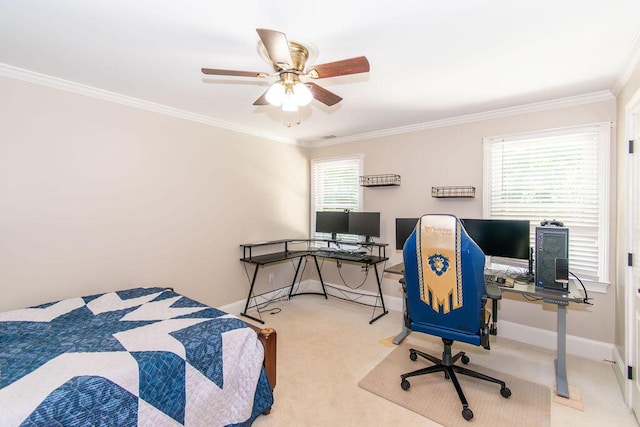 701 Fosters Ct, Evans, GA 30809 - bedroom featuring ornamental molding, an office area, baseboards, carpet flooring, and a ceiling fan