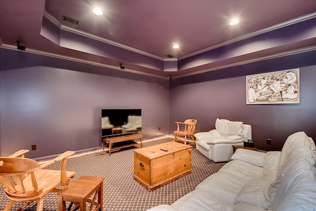 home theater with crown molding, a raised ceiling, carpet, and recessed lighting