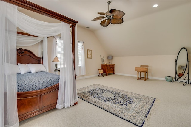 carpeted bedroom featuring baseboards, recessed lighting, ceiling fan, and vaulted ceiling